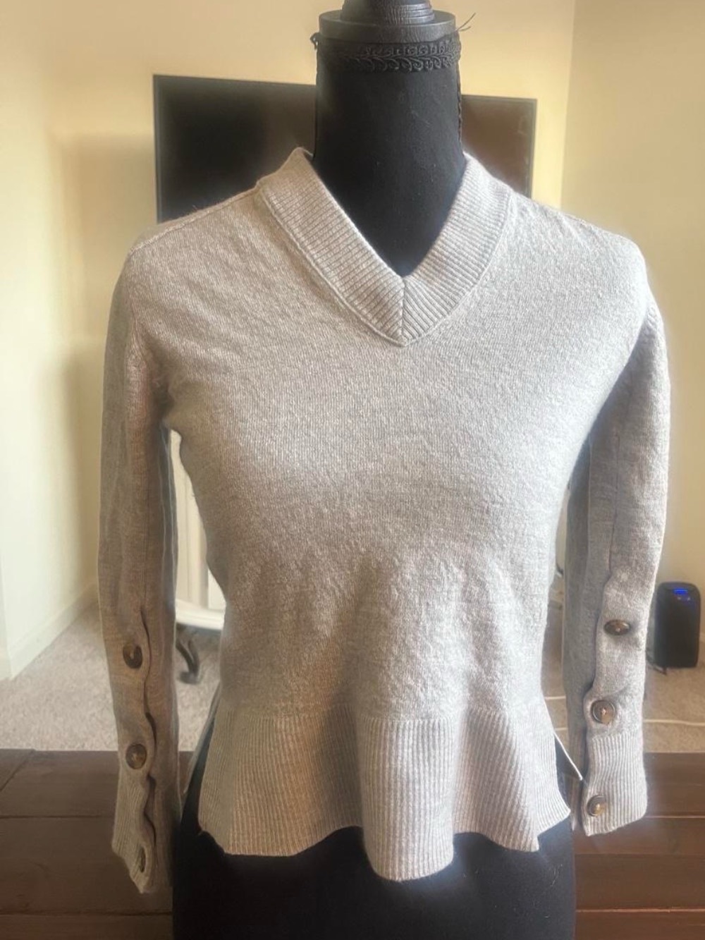 Nordstrom Light Gray V-Neck Button-Sleeve Sweater